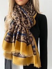 Large Leopard Print Scarf Mustard Yellow Navy Striped Animal Long Cotton Shawl
