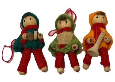 Lot of 3 Vintage Scandinavian Felt Wood Pixie Elf Christmas Tree Ornaments 70 s