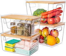 2 Large and 2 Small Pantry Organizers and Storage with Bamboo Lids, Stackable Cl