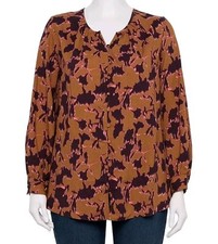 Nine West Button-Front Long Sleeve Tunic in Brown Print SIze M