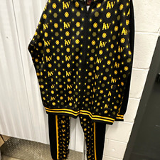 Men's Black/Gold 2-Pc Tracksuit Set Full Zip Pockets Geometric Pattern XL