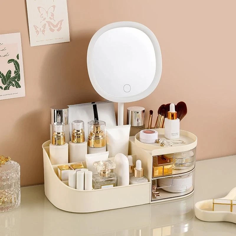 Makeup Storage Box With Mirror LED Light Cosmetic Organizer Jewelry Drawer Deskt