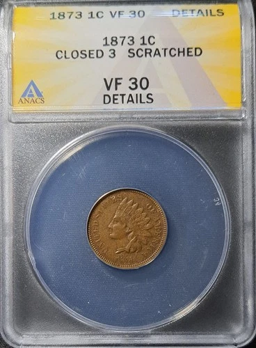 1873 indian head cent penny closed 3 VF-30 details