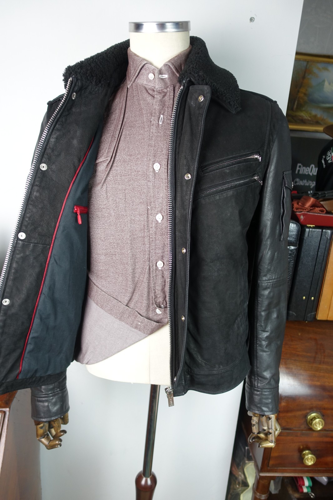 £1300 HUGO BOSS MOST RECENT AVIATOR L REAL SHEARLING COLLAR BOMBER JACKET LARGE thumbnail 7
