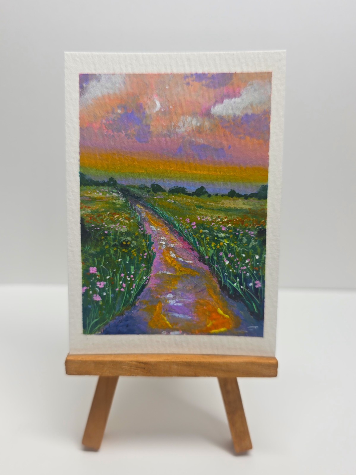 Original ACEO Landscape Painting OOAK Colorful Sunset Wildflower Mini Art Card