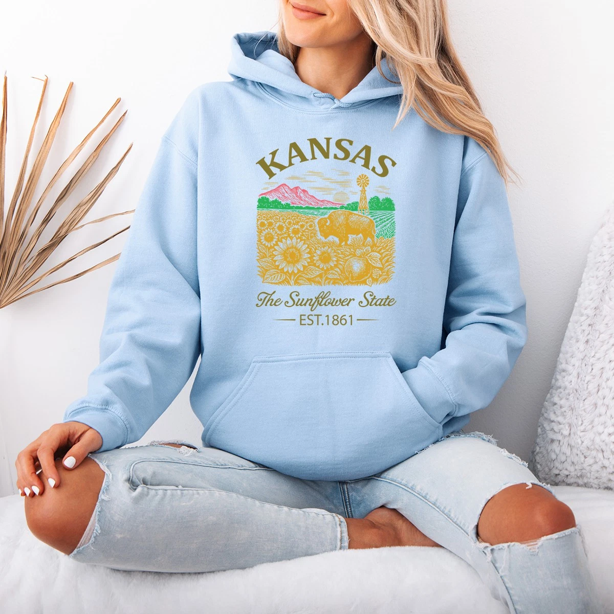 Kansas The Sunflower State Est.1861 Womens Hoodie Sunflowers Bison