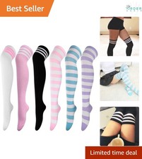 High Thigh Socks 6 Pairs Striped Over Knee Tights for Women Leg Warmers