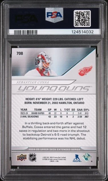 Sebastian Cossa 2024-25 Upper Deck Young Guns Exclusives /100 PSA 8 NONE HIGHER - Image 2 of 2