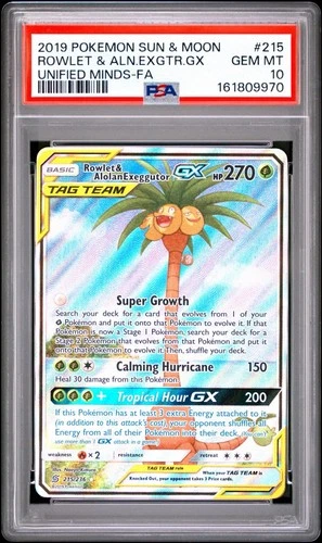 Rowlet & Alolan Exeggutor GX 215/236 SM Unified Minds Tag Team PSA 10 Pokemon