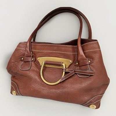 VINTAGE Dolce & Gabbana D-Ring Satchel Bag Brown Leather Gold Hardware Camel