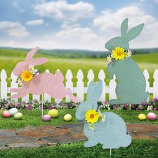 Easter Decorations Outdoor,3 Pack Metal Bunny Yard Sign Stakes for Outside,Pa...