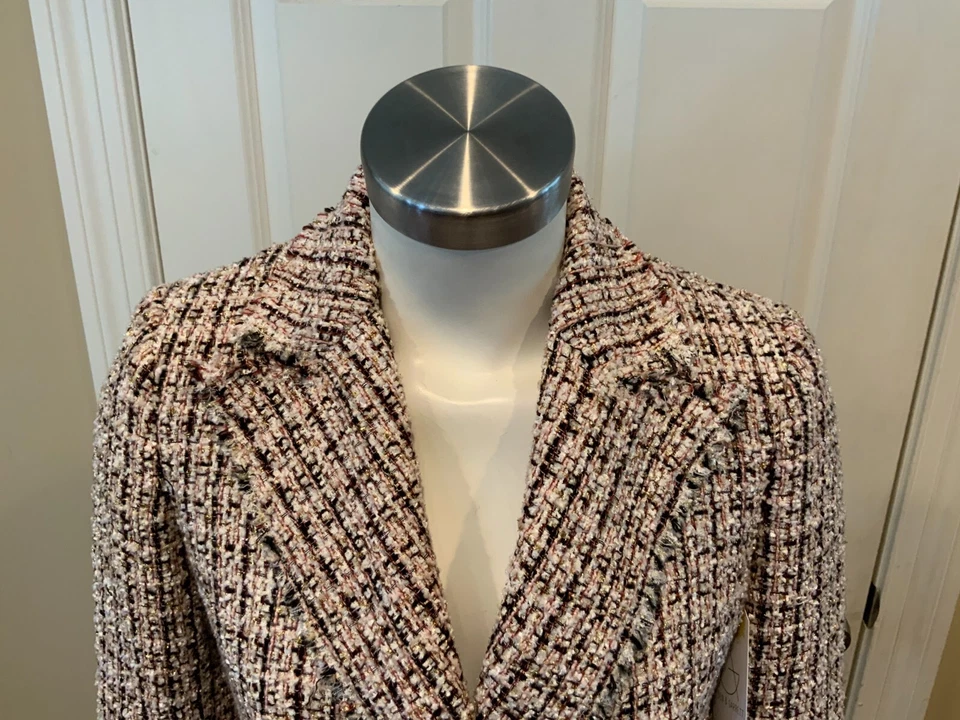 Blazer de tweed Elie Tahari blanco, rojo, dorado y negro con ribete de flecos, talla 0 Foto 2 de 4
