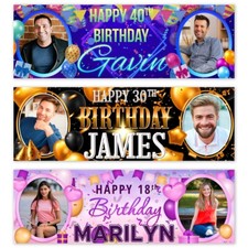 Personalised birthday photo banner man woman boy girl party poster decoration