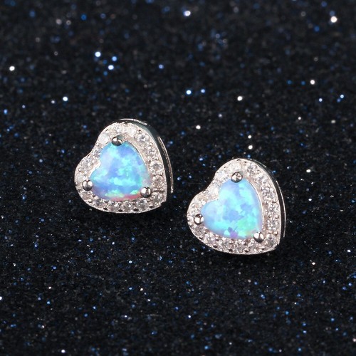 S925 Solid Sterling Silver Blue Fire Opal Oval Zirconia Heart Stud Earrings Gift - Picture 3 of 8