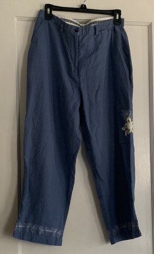 Vintage Christopher & Banks Linen Cotton Cropped Pants 10 Embroidered Flowers * - Picture 2 of 19