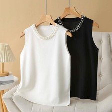 Ladies Sleeveless Knit Vest Tank Top Sweater Gilet Round Neck Beaded Vest Top