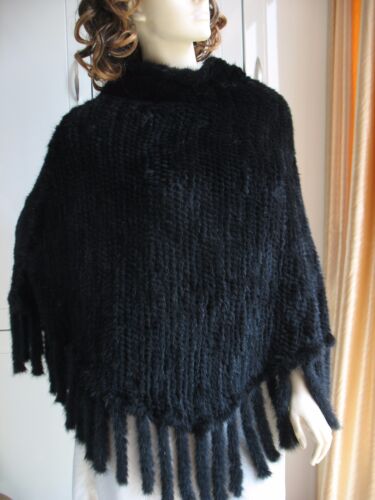 Real Mink Fur Cape Hoodie Poncho Pullover Cloak Coat Tassel Black - Picture 2 of 8