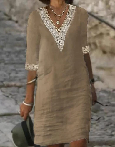 Mujeres Vestido Solero Cuello en V Algodón Lino Midi Damas Verano Informal Manga Corta - Imagen 23 de 29