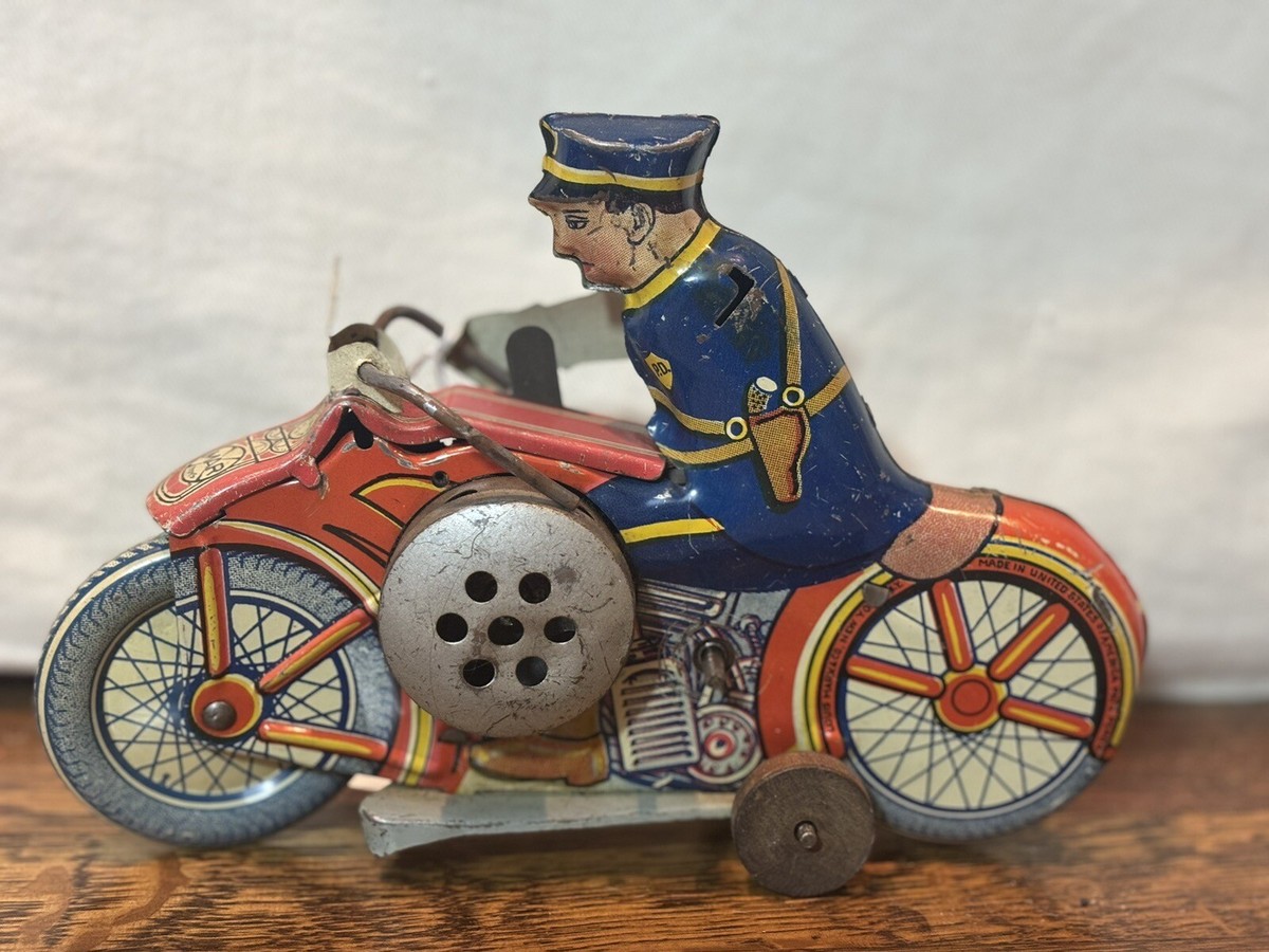 Vintage 1930's Louis Marx Police Motorcycle Tin Wind Up Toy w