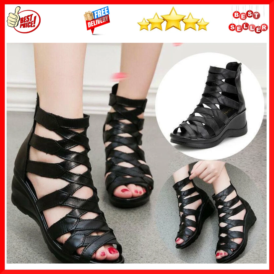 Womens Gladiator Sandals Wedge Heels Open Toe Leather Hollow Out High Top  Shoes