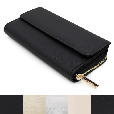 Premium Saffiano Vegan PU Leather Flap Wallet Zip Around Clutch Phone Organizer
