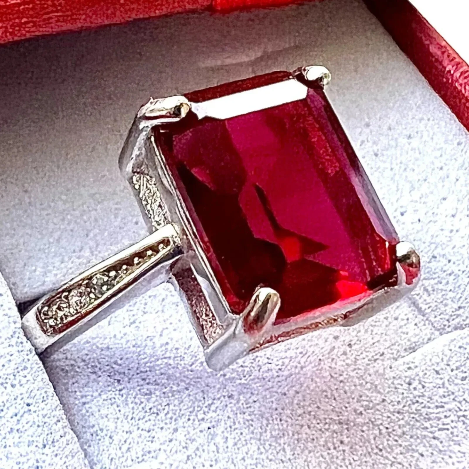4.10 CT Emerald Cut Lab Created Red Ruby Engagement Ring 14K White Gold Plated