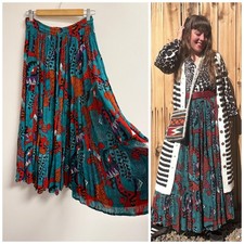 Vintage Pleated Broomstick Bright Abstract Printed Elastic Waist Midi Skirt S/M