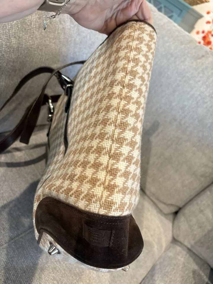 Bolso/bolso de mano Coach vintage de lana pata de gallo marrón marfil con cuero marrón y gamuza Foto 4 de 4