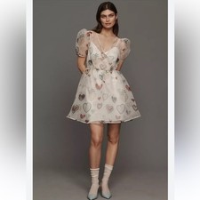 FARM Rio Sheer Puff-Sleeve Dress Printed Hearts Size Large NWOT