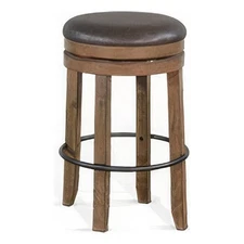Yael Swivel Backless Barstool Set of 2- Gray Faux Leather- Brown Wood