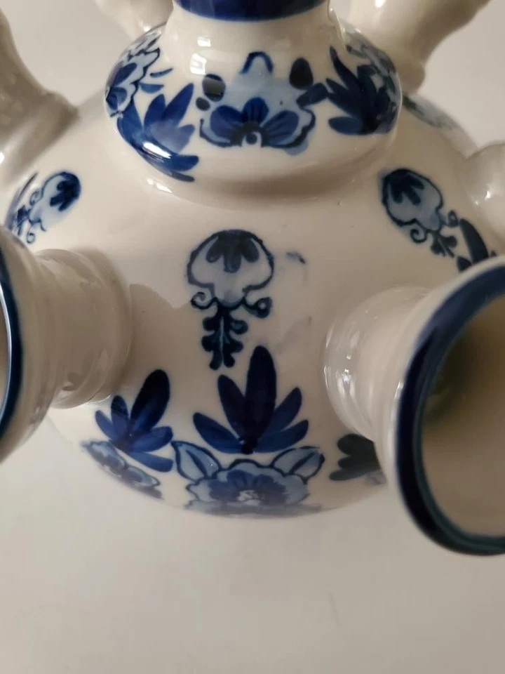  Vintage Delf Holland Blue White Ceramic 7 Arms Tulip Vase 5.4" tall   - Image 3 of 4