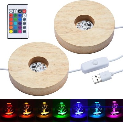 2PCS LED Wooden Round Light Base 7-Color Adjustable Display Stand for 3D Crystal
