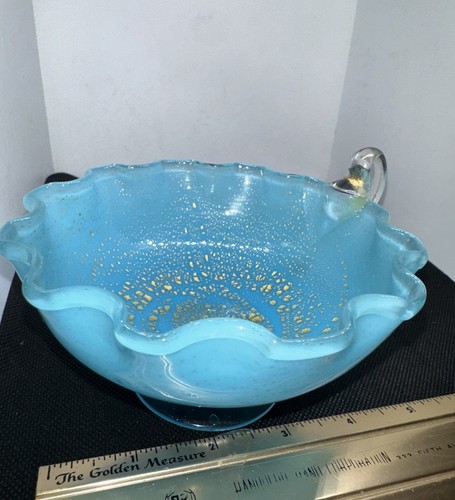 Murano Blue With gold Flecks Italian Glass Crimped Rim Footed Bowl, handle Vtg - Picture 2 of 9