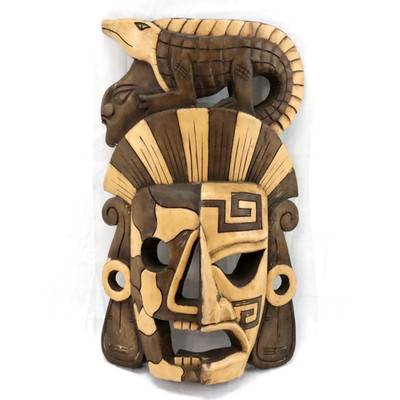 Hand Carved Mayan Wood Skull Mask Chichen Itza Mexico - Iguana - Signed CIO