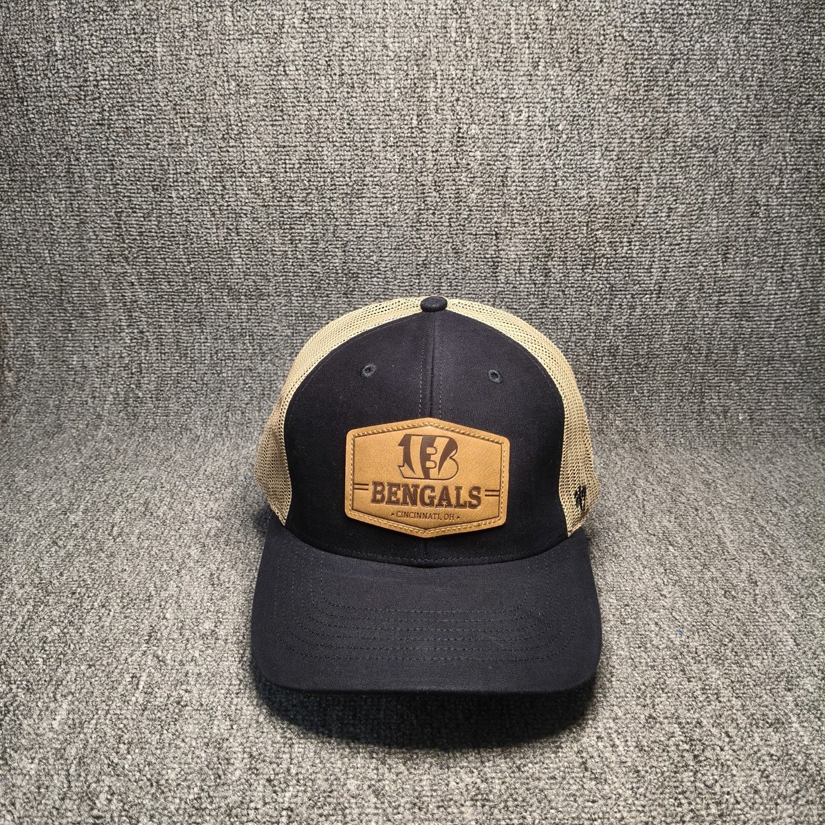 47 Brand Cincinnati Bengals NFL Trucker Hat Snapback Cap Black Tan Leather Patc