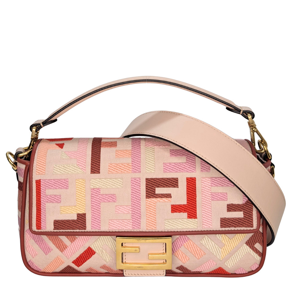 Fendi Baguette Canvas Vitello Medium FF Embroidered Rosa Quarzo Bag Multicolour