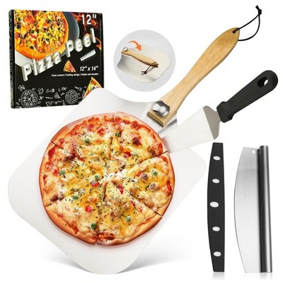 Aluminum Pizza Spatula Set, 12 x 14 Inch Metal Pizza Peel with Folding Wooden