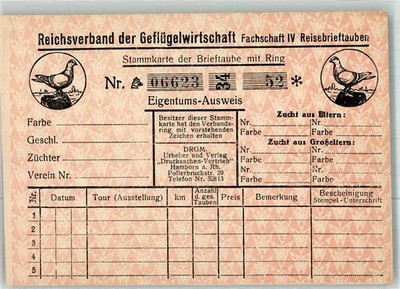 13992372 - Reichsverband poultry industry master card of the carrier pigeon with ring
