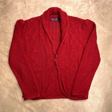 Vintage 80s OHI Cable Knit Cardigan Sweater Red Button Up Diamond Holiday Retro
