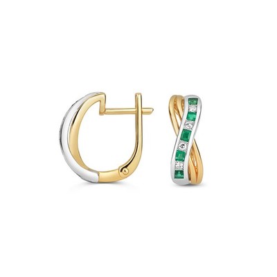Diamant Huggies Ohrringe 9 kt 2 Farben Gold 0,08 Karat mit Smaragd - 17 mm*6 mm
