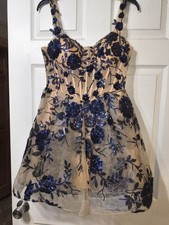 Blue Floral Sequined Sleeveless Mini Dress Size M