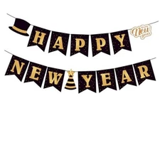 Happy New Year 2026 Banner, Black and Gold Happy New Year Party Supplies, 