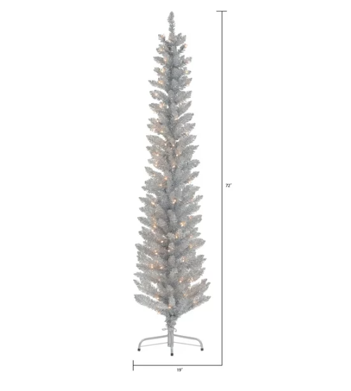 Pencil Christmas Tree 6ft Artificial Silver Tinsel Prelit Xmas Tree