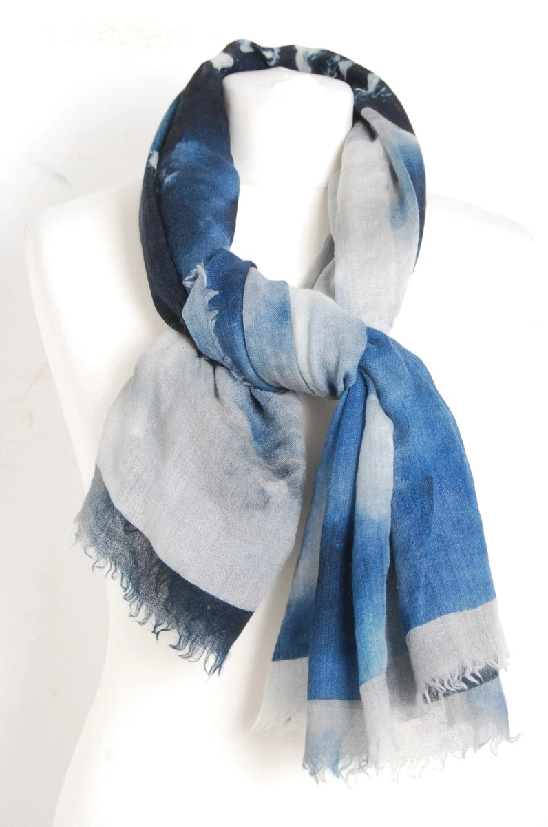 CHANEL Women Blue Scarf 100% Cashmere Abstract Print Fringe Rectangle Shawl  Wrap