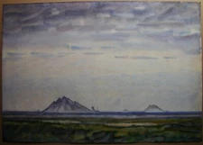 Ukrainian Soviet USSR watercolor industrial landscape realism coal mine clouds