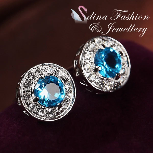 18K White Gold Plated Made With Swarovski Crystal Aquamarine Delicate Halo Set - Image 4 of 4