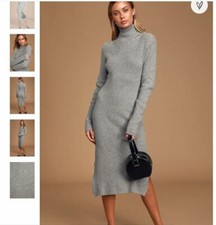 Lulus Sheerah Heather Grey Turtleneck Long Sleeve Ribbed Midi Sweater Dress XL