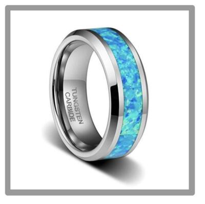 8mm Men's or Women Tungsten Carbide Blue Opal Inlay Engagement Band Ring 