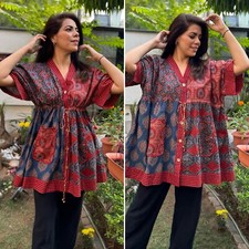 Hand block print cotton top Red Blockprint Free Size Boho Caftan tunic top loose
