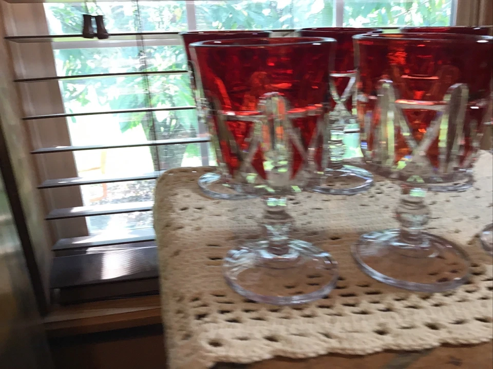 6 antique EAPG US Glass Triple Triangle ruby water beverage goblet glasses 1885 - Image 4 of 4